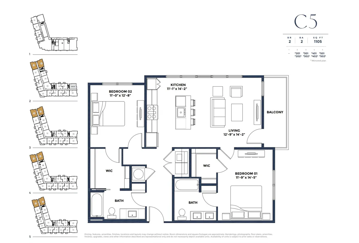 This wide-angle shot displays the integration of living area, kitchen, balcony, and glimpses of bedrooms, showing how the spaces flow seamlessly together. The balcony is visible, highlighting the transition from the serene indoor space to the private outdoor retreat.