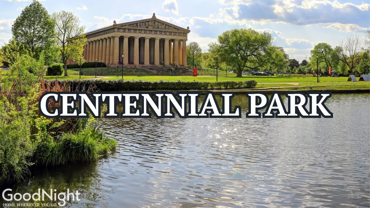 This exterior image centers on the iconic Parthenon replica set beside a reflective water surface and surrounded by lush greenery. Visitors are seen strolling, picnicking, and enjoying the park-like setting, with the grandeur of the Parthenon as a dramatic backdrop.