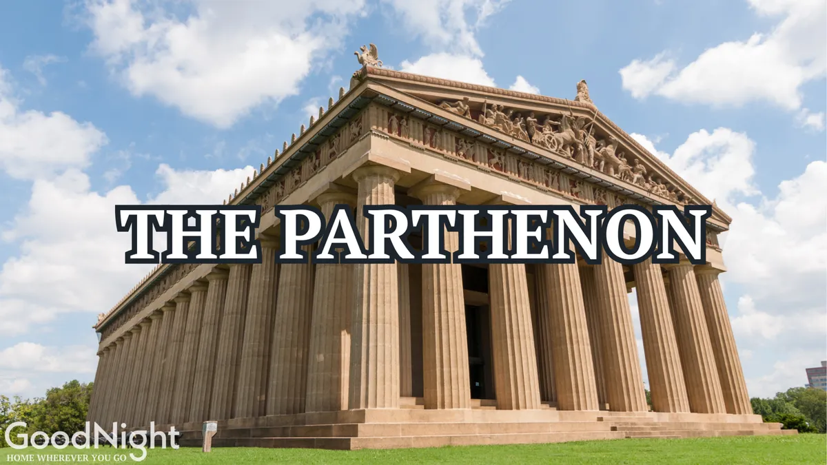 This image captures the iconic Parthenon structure in Centennial Park, surrounded by green lawns and set against a vibrant blue sky. The scene is lively yet peaceful, inviting for picnics, walks, and family photo opportunities.