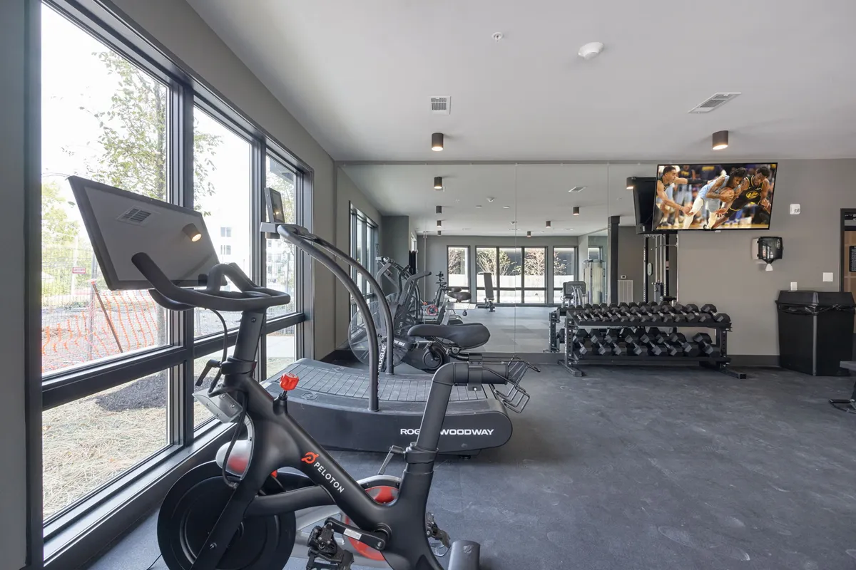 A well-equipped interior fitness center with a Peloton bike, treadmill, dumbbell rack, large windows streaming in natural light, and a television. The energetic setup encourages group workouts and solo training alike.